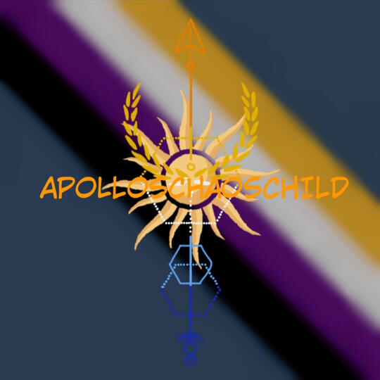 A sun, a laurel wreath, and an arrow layered over a blue background that has black, purple, white, and yellow stripes going diagonally across the background. On top of the drawing is the word "Apolloschaoschild"